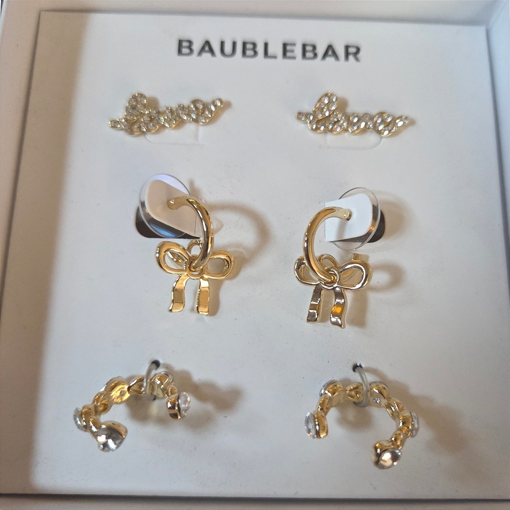 BaubleBar Gold Tone Earring Set 3 Pairs Love Script Bows‎ and Crystal Cuffs NEW